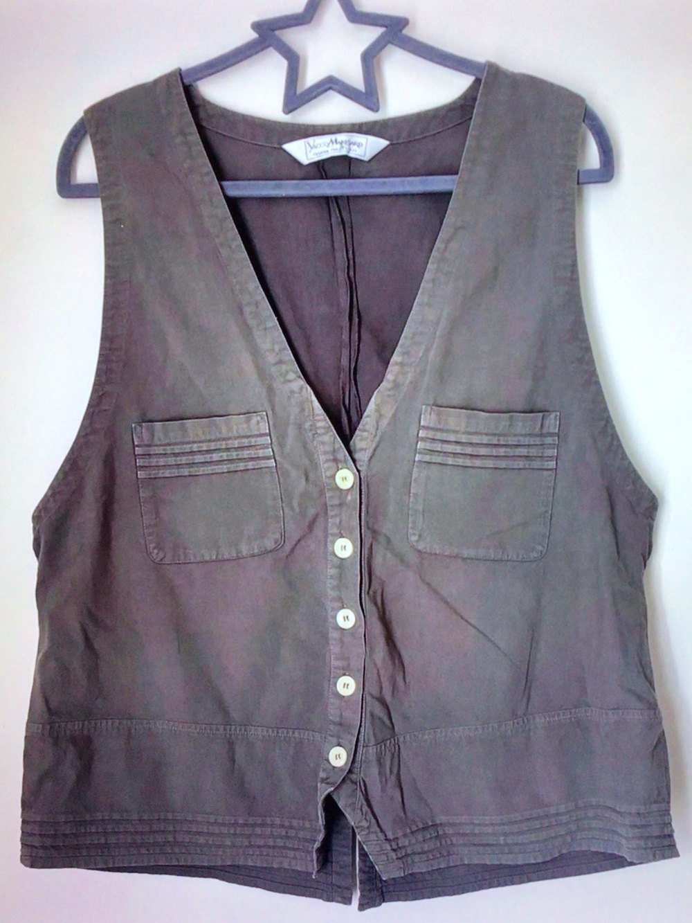 Vintage-Inspired Taupe Button-Front V-Neck Vest